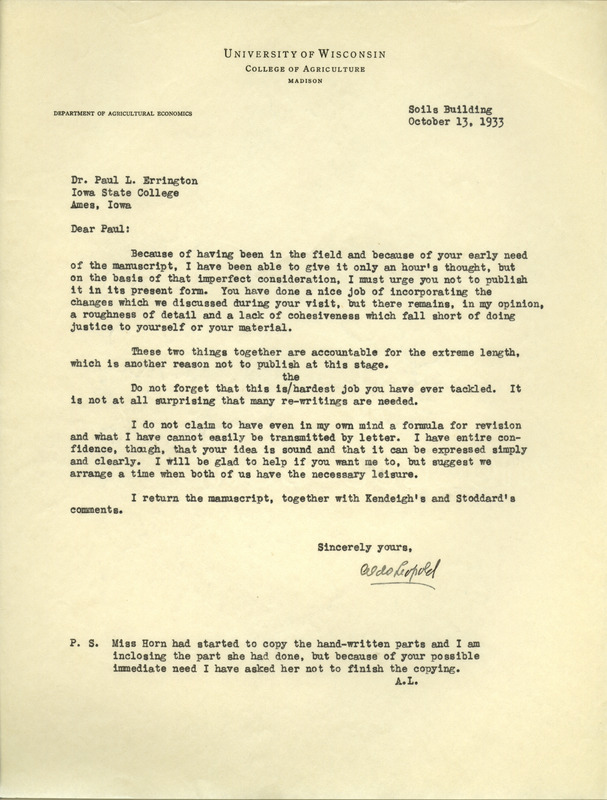 Aldo Leopold letter to Paul Errington, October 13, 1933