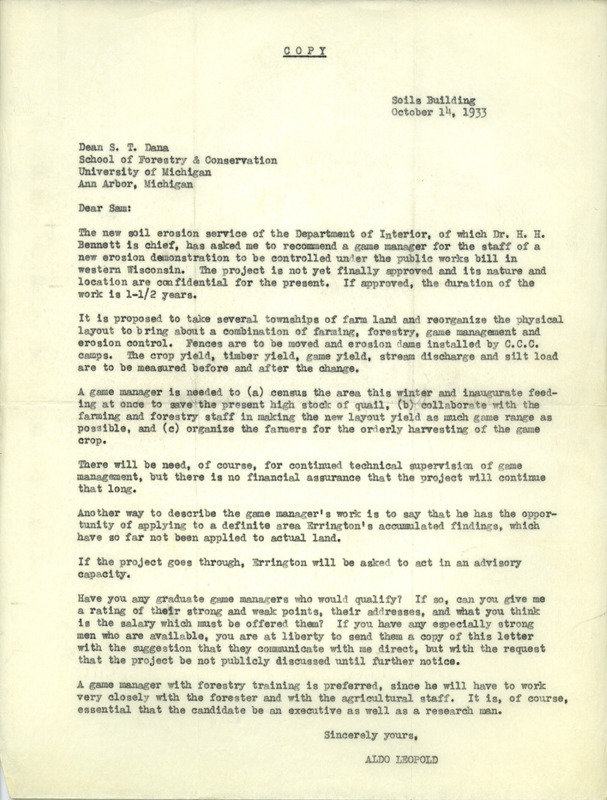 Aldo Leopold letter to Dana, October 14, 1933