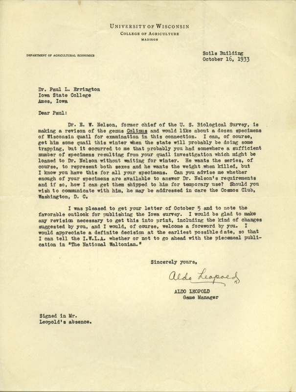 Aldo Leopold letter to Paul Errington, October 16, 1933