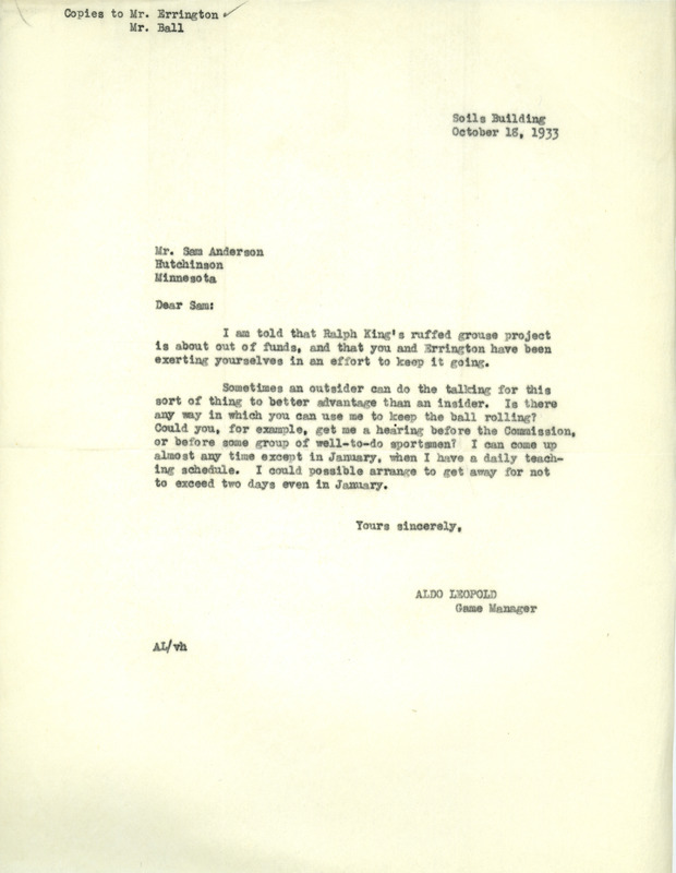 Aldo Leopold letter to Anderson, October 18, 1933