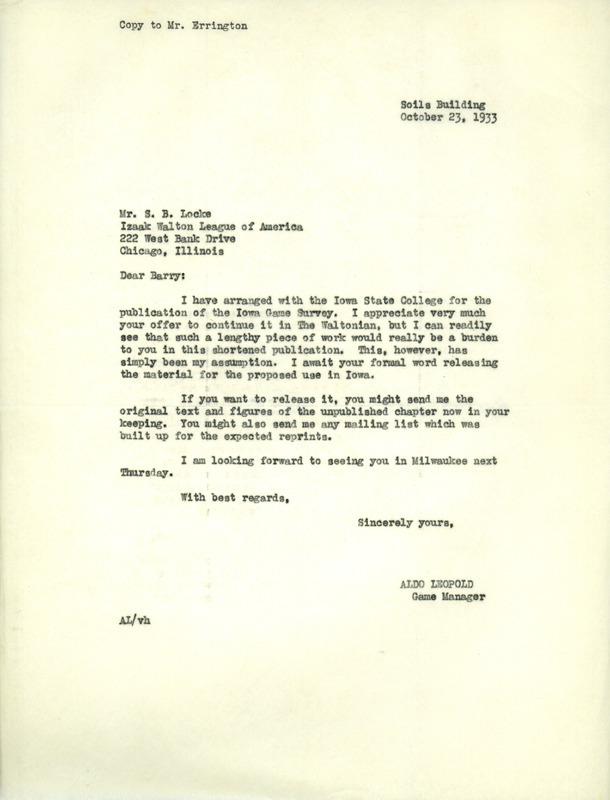 Aldo Leopold letter to Locke, October 23, 1933