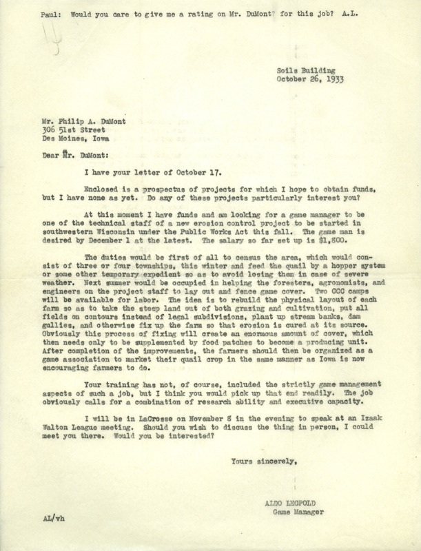 Aldo Leopold letter to DuMont, October 26, 1933