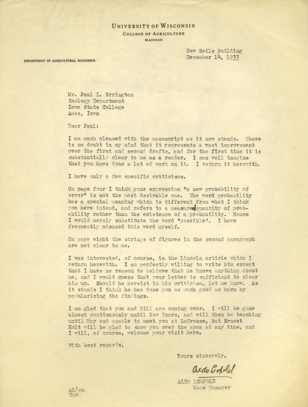 Aldo Leopold letter to Paul Errington, December 14, 1933