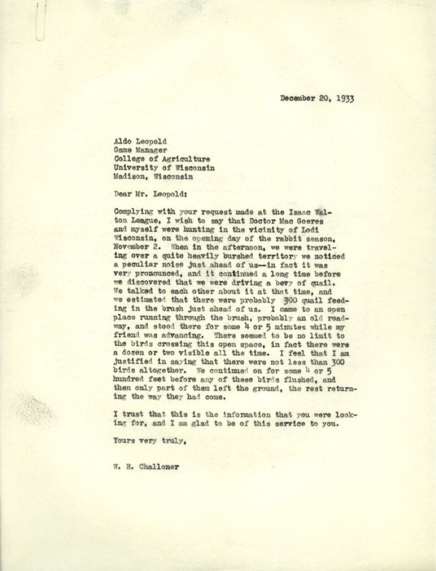 Letter from Challoner to Aldo Leopold, December 20, 1933