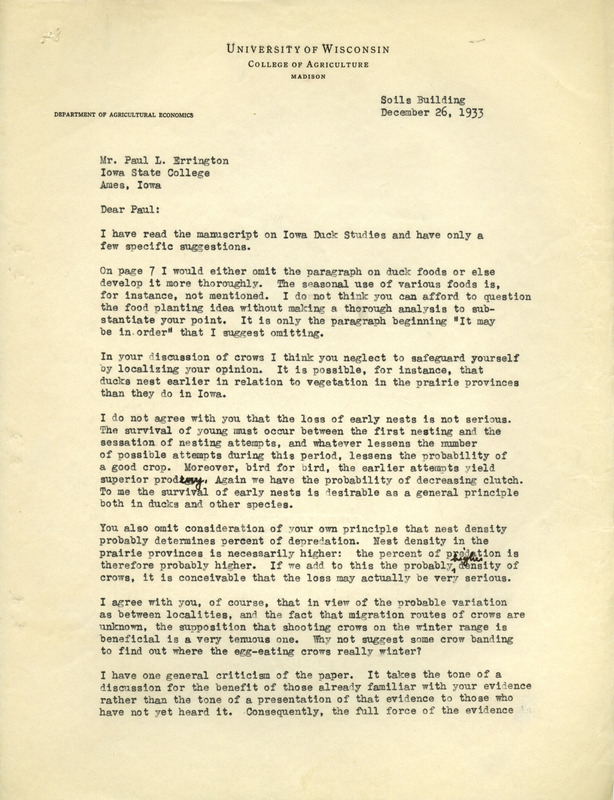 Aldo Leopold letter to Paul Errington, December 26, 1933