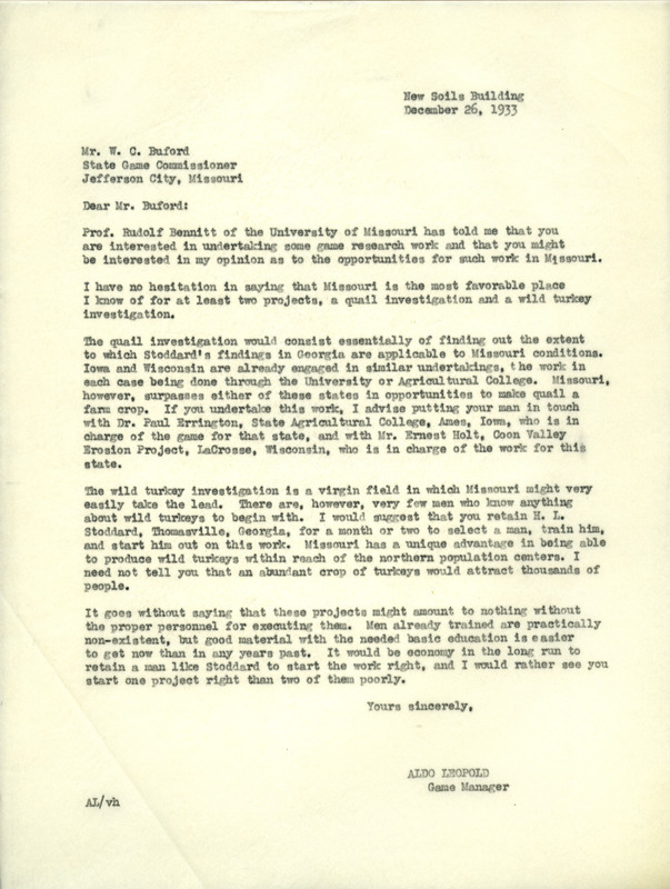 Aldo Leopold letter to Buford, December 26, 1933