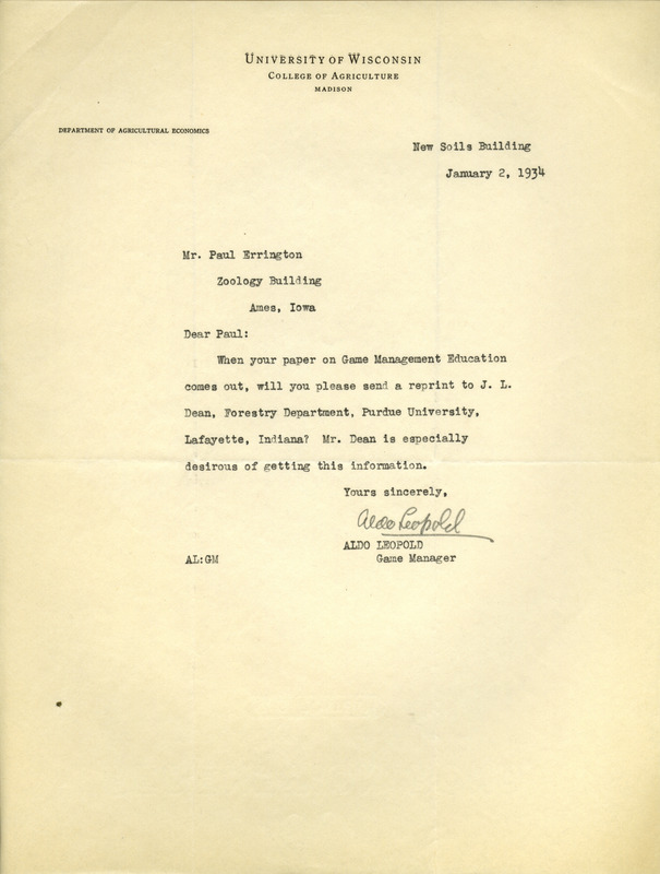 Aldo Leopold letter to Paul Errington, January 2, 1934