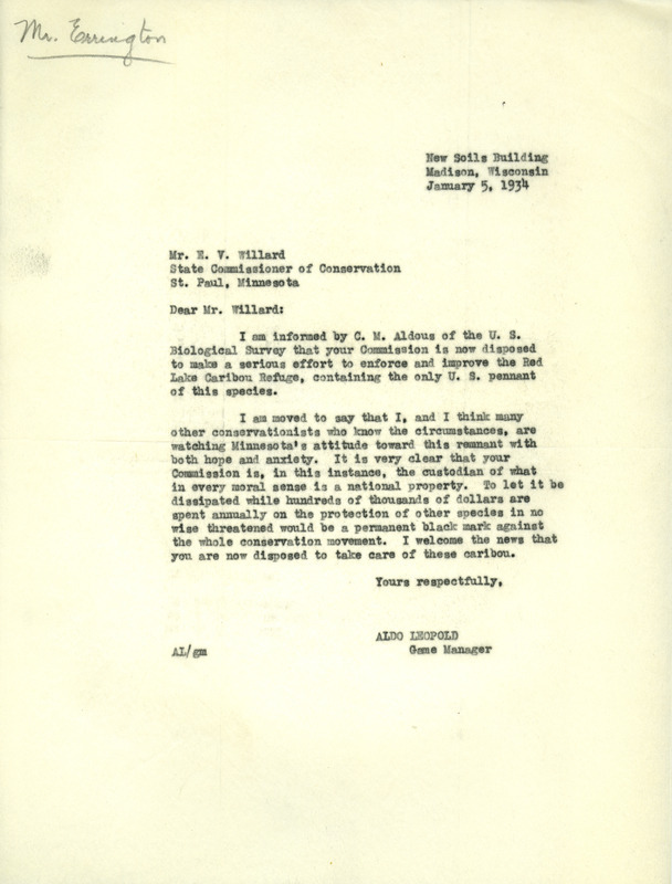 Aldo Leopold letter to Willard, January 5, 1934