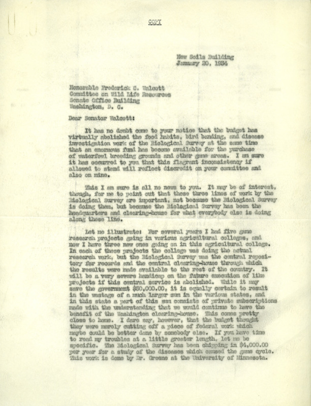 Aldo Leopold letter to Walcott, January 20, 1934