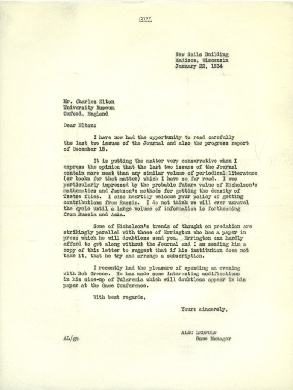 Aldo Leopold letter to Elton, January 22, 1934