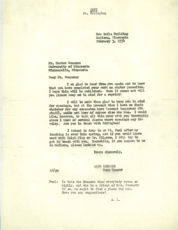 Aldo Leopold letter to Swanson, February 3, 1934