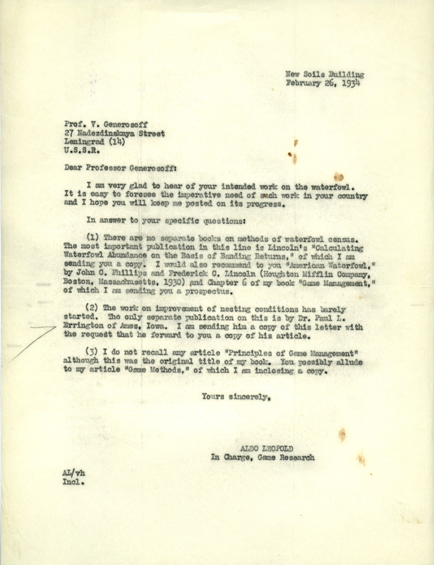 Aldo Leopold letter to Generosoff, February 26, 1934
