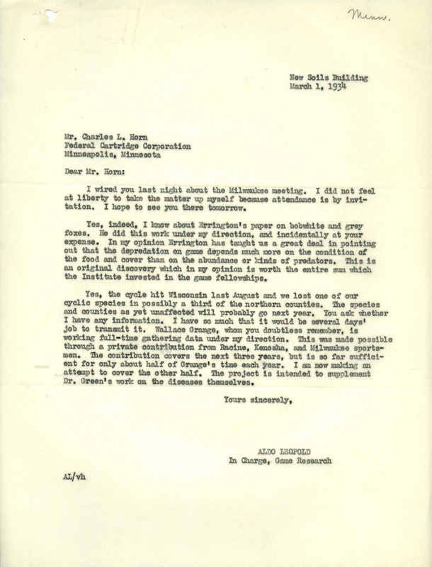 Aldo Leopold letter to Horn, March 1, 1934