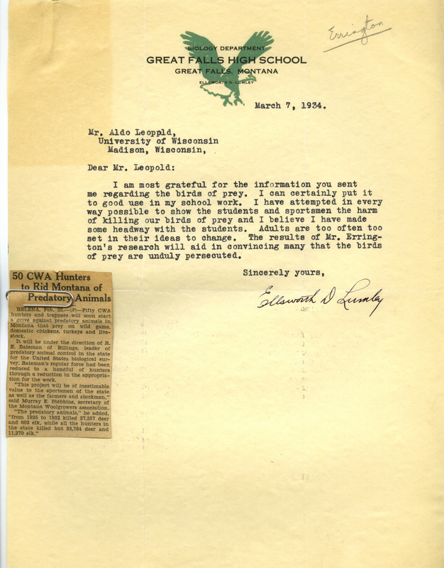 Letter from Lumley to Aldo Leopold, March 7, 1934