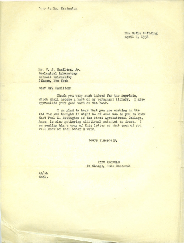 Aldo Leopold letter to Hamilton, April 2, 1934