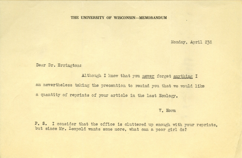 Aldo Leopold letter to Paul Errington, April 23, 1934