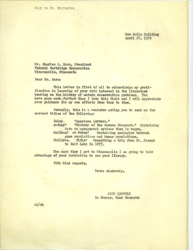 Aldo Leopold letter to Horn, April 24, 1934