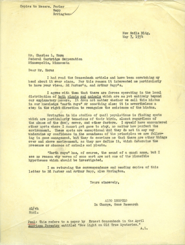 Aldo Leopold letter to Horn, May 7, 1934