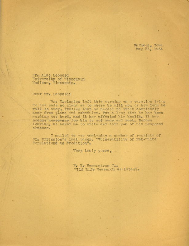 Letter from Hamerstrom to Aldo Leopold, May 23, 1934
