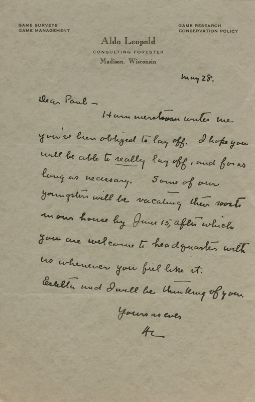 Aldo Leopold letter to Paul Errington, May 28, 1934