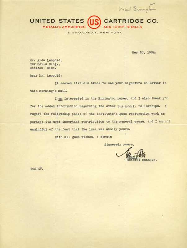 Letter to Aldo Leopold, May 28, 1934