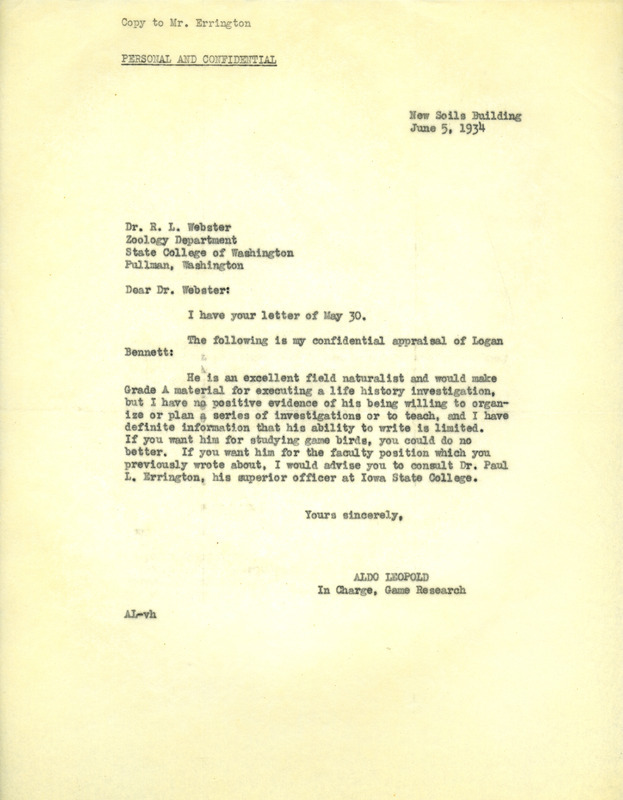 Aldo Leopold letter to Webster, June 5, 1934