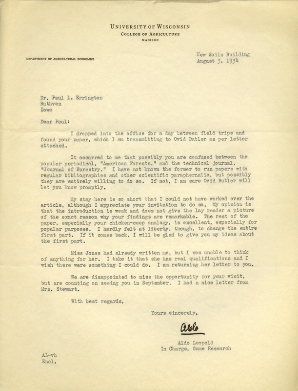 Aldo Leopold letter to Paul Errington, August 3, 1934