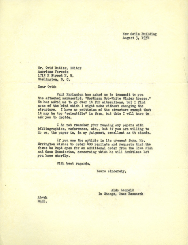 Aldo Leopold letter to Butler, August 3, 1934