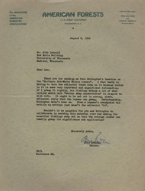 Letter from Butler to Aldo Leopold, August 8, 1934
