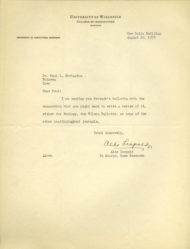 Aldo Leopold letter to Paul Errington, August 10, 1934