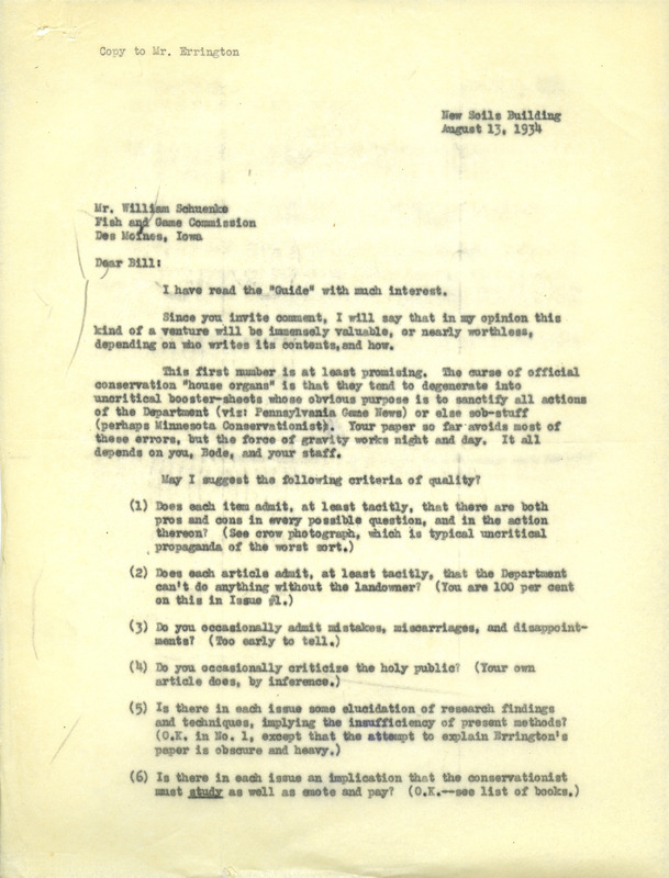 Aldo Leopold letter to Schuenke, August 13, 1934
