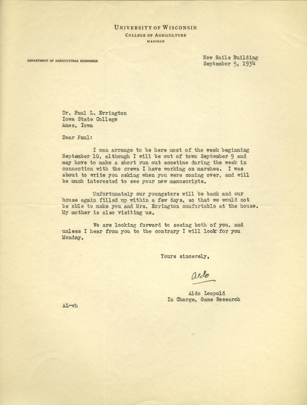 Aldo Leopold letter to Paul Errington, September 5, 1934
