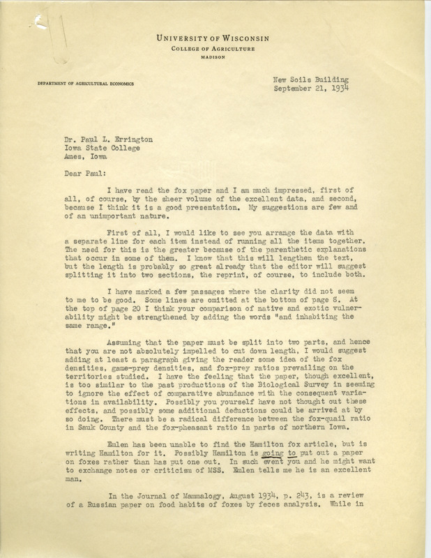 Aldo Leopold letter to Paul Errington, September 21, 1934