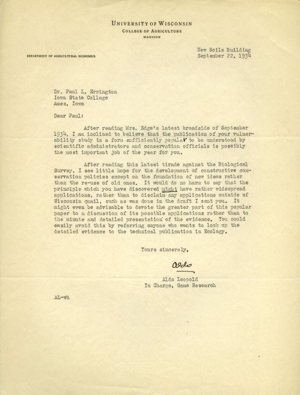 Aldo Leopold letter to Paul Errington, September 22, 1934