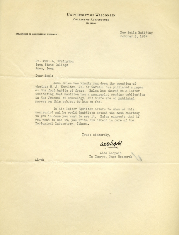 Aldo Leopold letter to Paul Errington, October 3, 1934