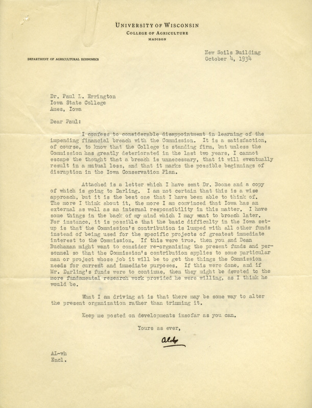 Aldo Leopold letter to Paul Errington, October 4, 1934