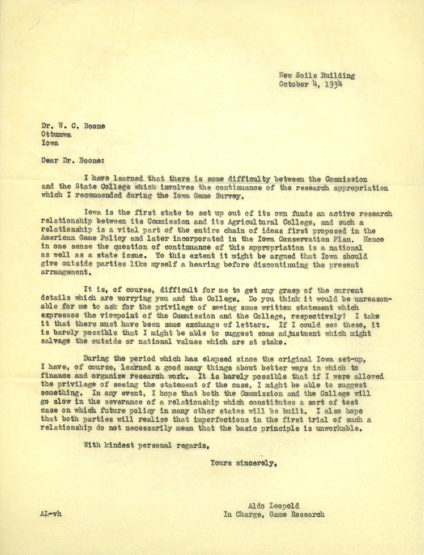Aldo Leopold letter to Boone, October 4, 1934