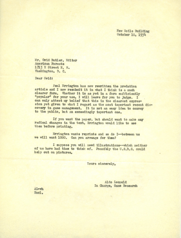 Aldo Leopold letter to Butler, October 10, 1934