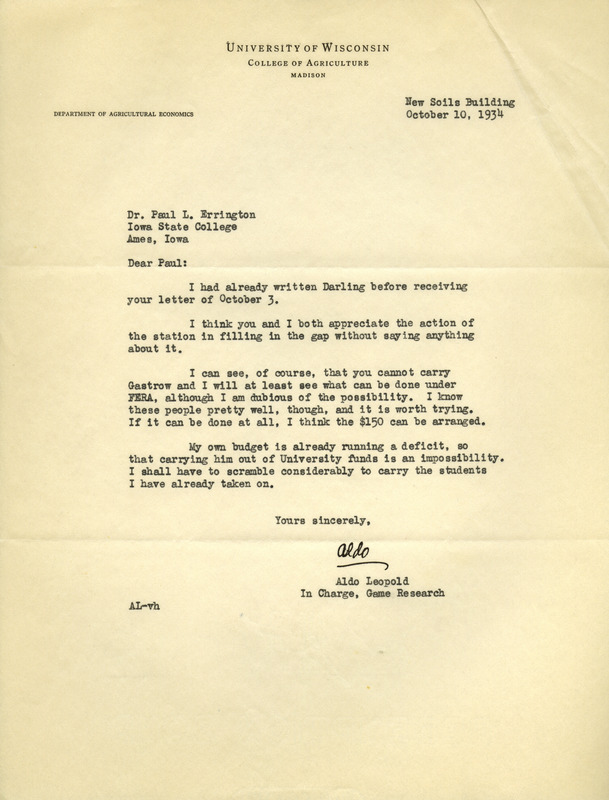Aldo Leopold letter to Paul Errington, October 10, 1934