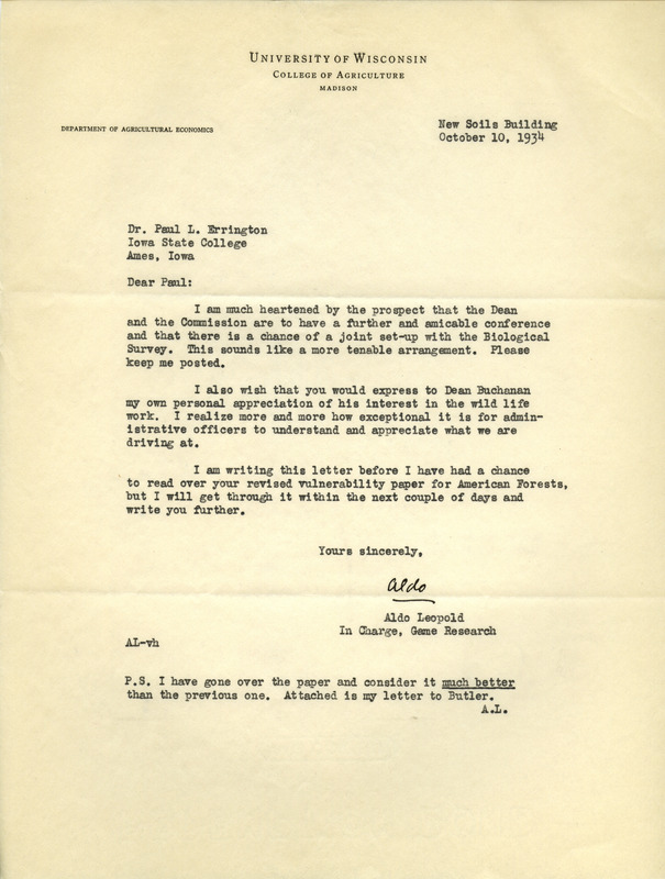 Aldo Leopold letter to Paul Errington, October 10, 1934 second letter
