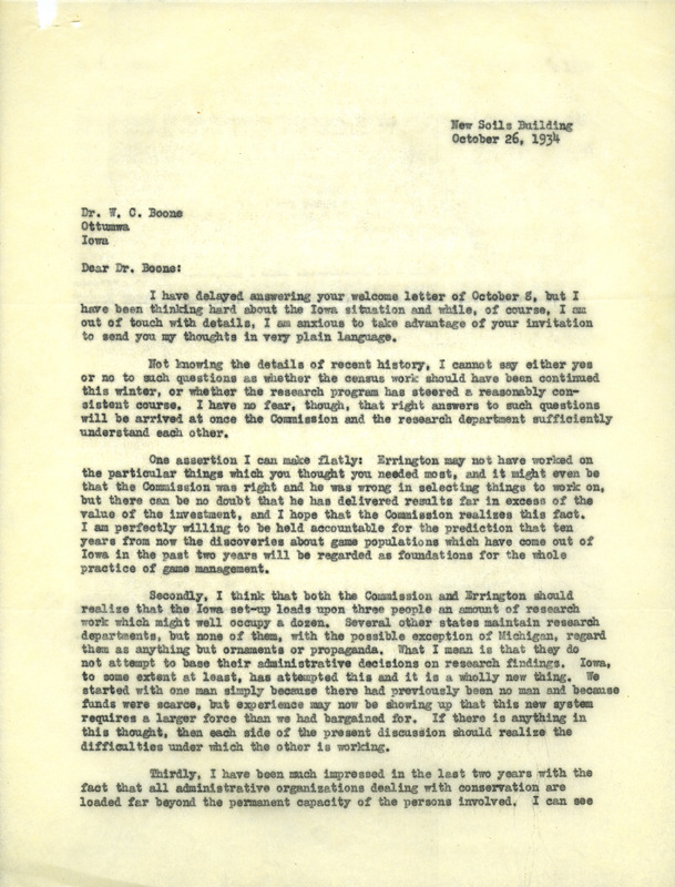 Aldo Leopold letter to Boone, October 26, 1934
