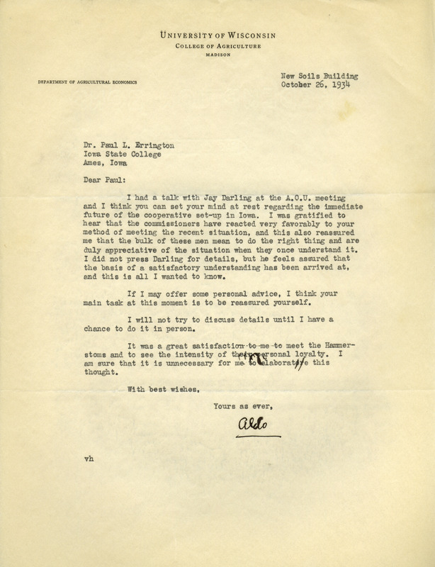Aldo Leopold letter to Paul Errington, October 26, 1934