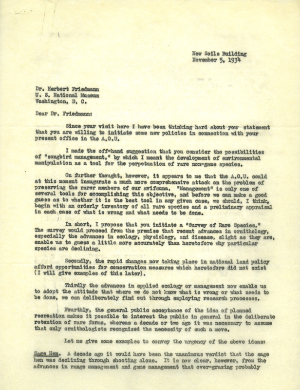 Aldo Leopold letter to Friedmann, November 5, 1934