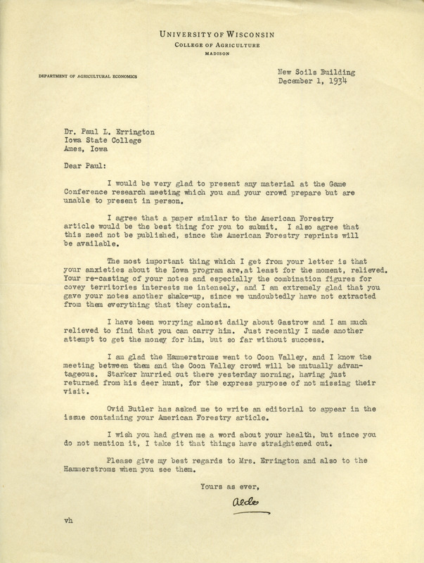 Aldo Leopold letter to Paul Errington, December 1, 1934