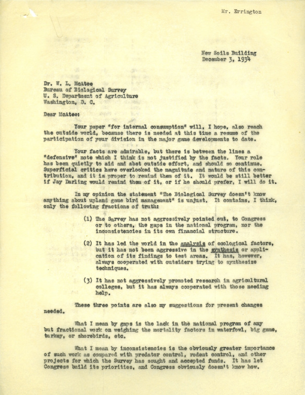 Aldo Leopold letter to McAtee, December 3, 1934