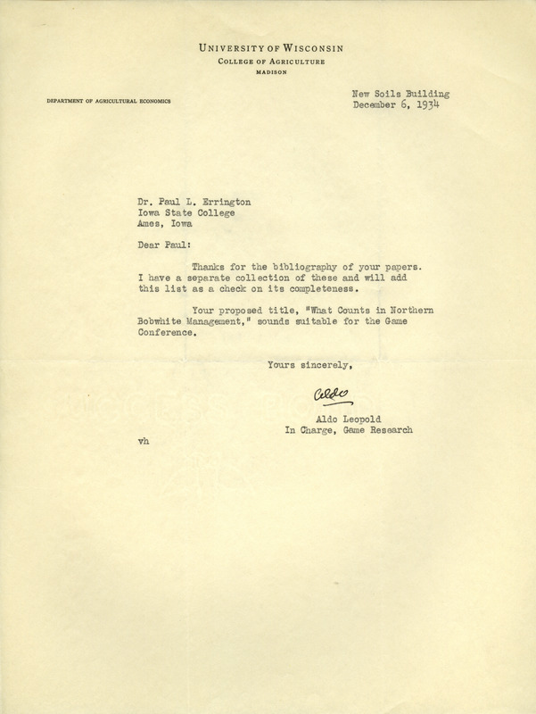 Aldo Leopold letter to Paul Errington, December 6, 1934