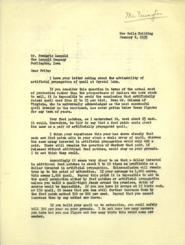 Aldo Leopold letter to Aldo Leopold, January 8, 1935