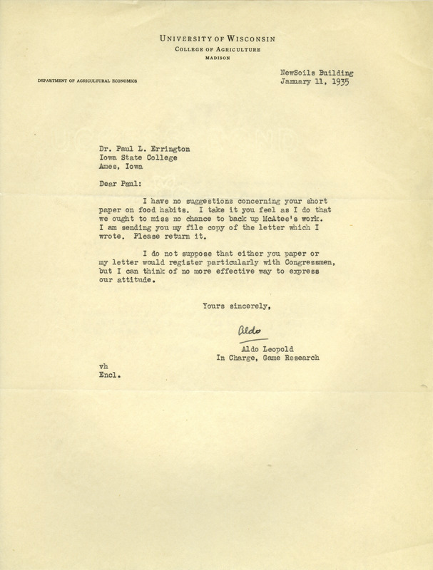 Aldo Leopold letter to Paul Errington, January 11, 1935