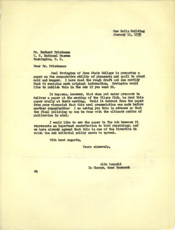 Aldo Leopold letter to Friedmann, January 11, 1935
