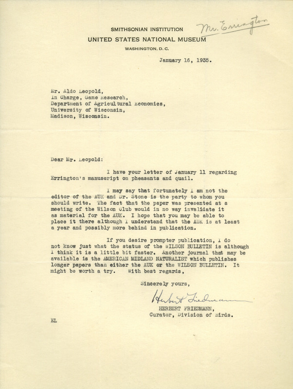 Letter from Friedmann to Aldo Leopold, January 16, 1935